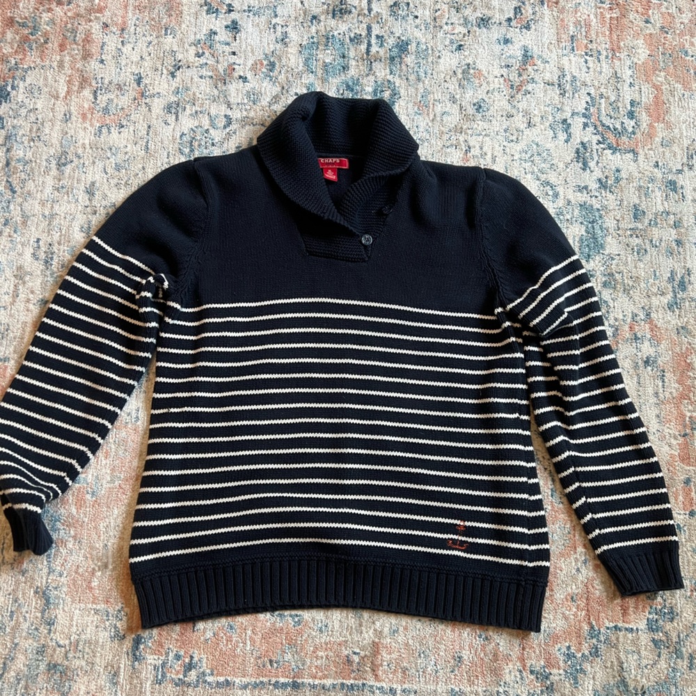 Chaps Blue and White Knit Sweater with Button Detail